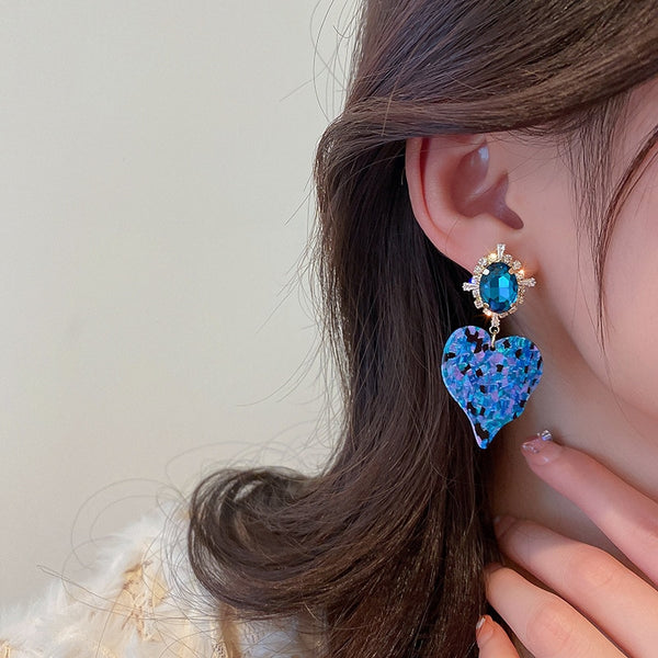 New Blue Metal Bohemia Heart Crystal Drop Earrings