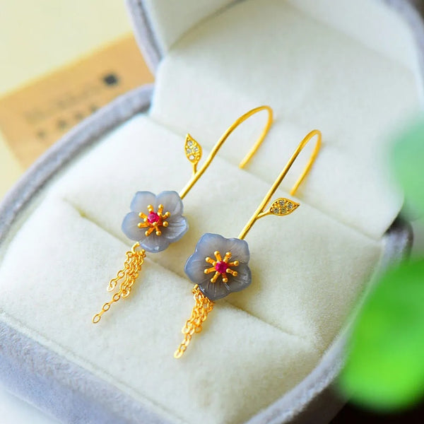 Original Design Natural Hetian Smoke Purple Jade Small Flowers Long Tassel Earrings