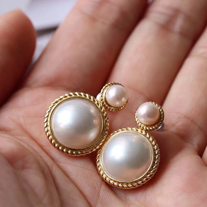 original silver inlaid round pearl earrings