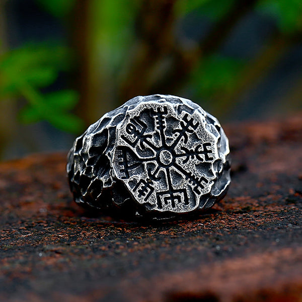 Vintage Viking Runes Compass Stone Ring For Men