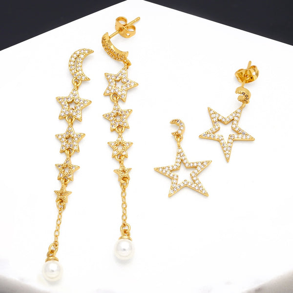 Exquisite Moon and Star Dangle Earrings for Women Copper CZ Rhinestone Long Tassel Earrings