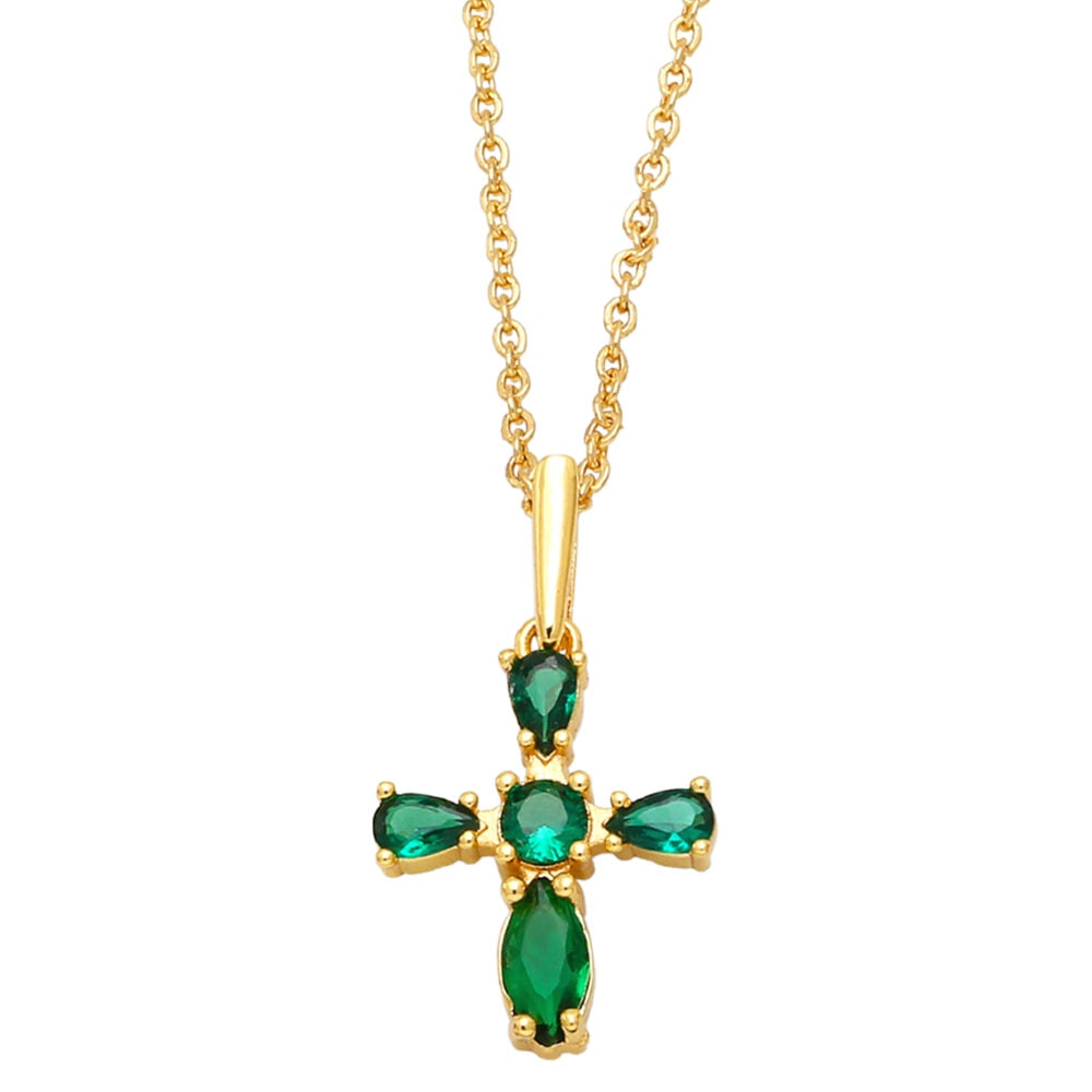 Small Green Crystal Cross Necklace for Women Copper CZ Rhinestone Short Chain Necklaces