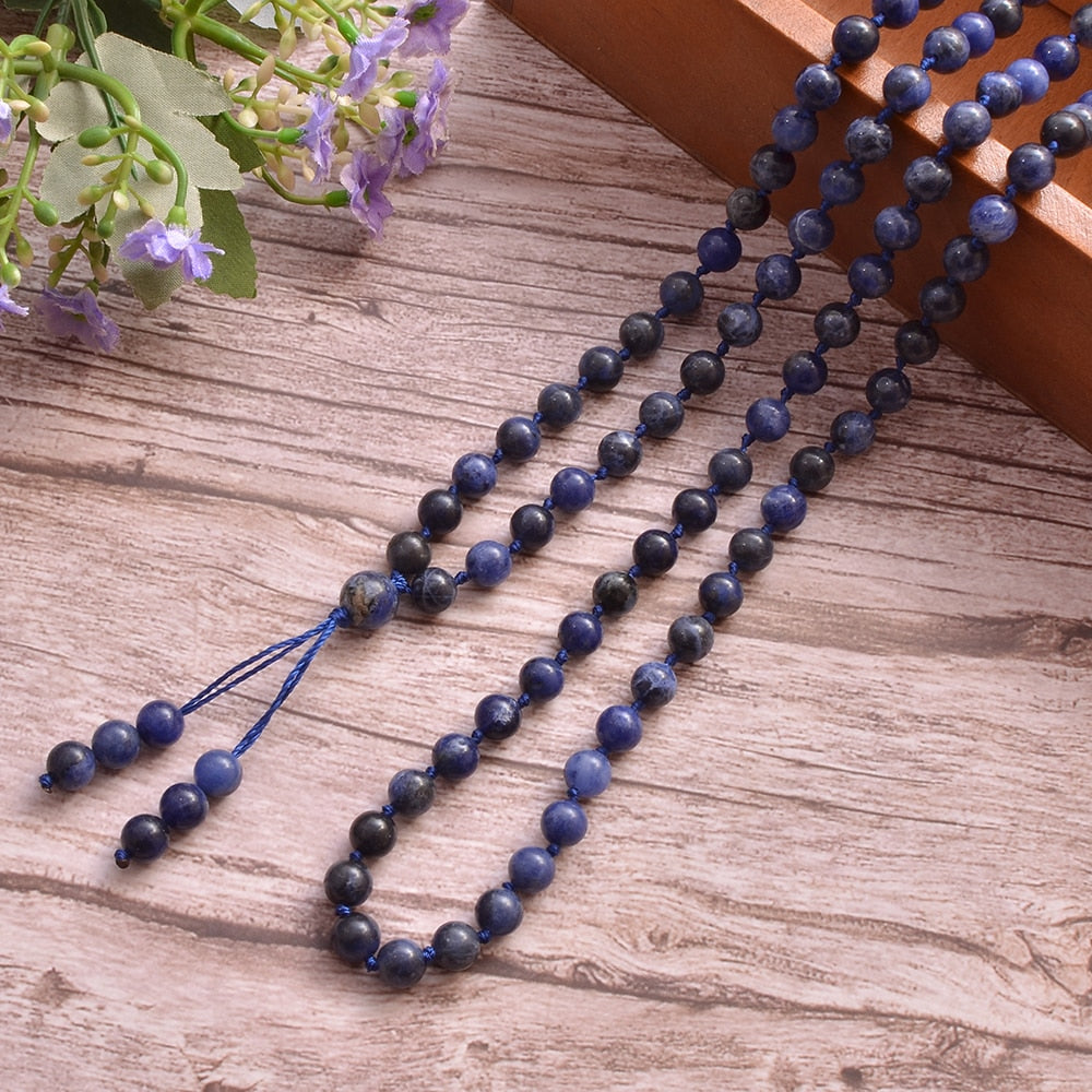 8mm Sodalite Beaded Knot 108 Mala Prayer Bead Necklace