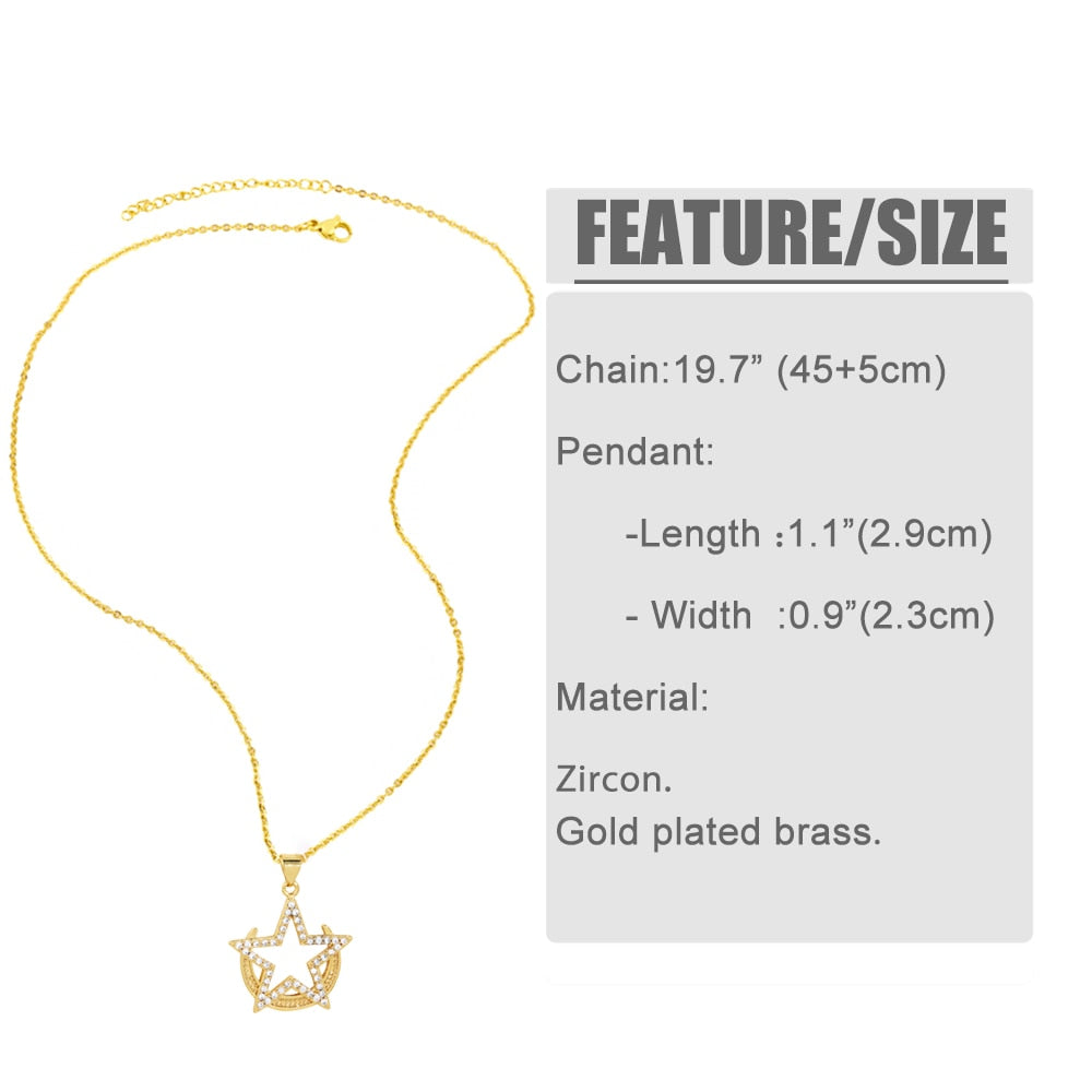 Copper Gold Plated Moon Star Necklaces for Women CZ Rhinestone Pentagram Necklaces