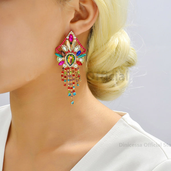 Bohemian Ethnic Style Colorful Crystal Tassel Long Hanging Earrings For Women