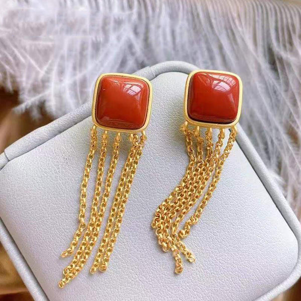 Original design southern red tourmaline geometric square tassel long earrings