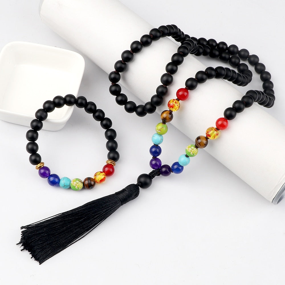 2pcs/set Men Black Onyx Beaded 7 Chakra Bracelets Necklaces