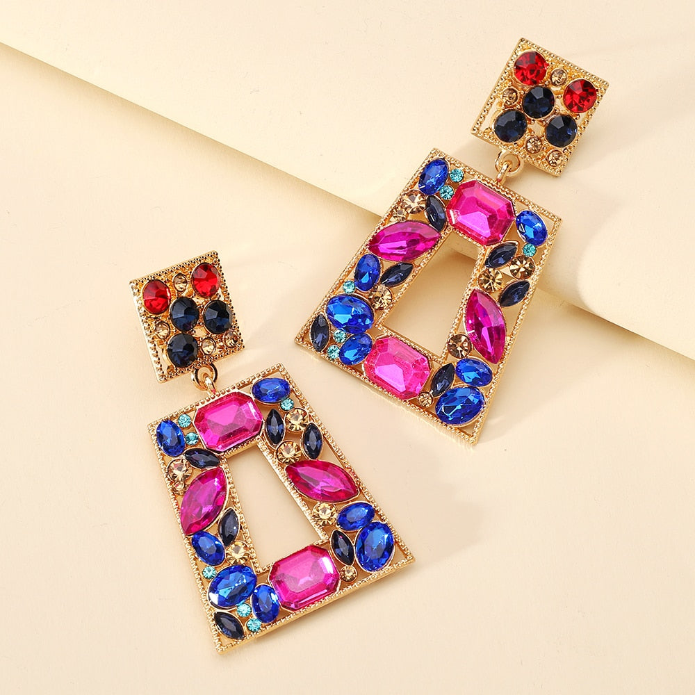 Fashion Metal Hollow Crystal Geometric Dangle Earrings For Women