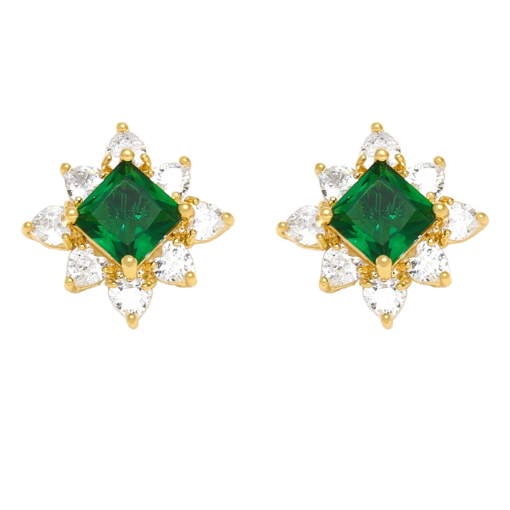 New Design Green Crystal Square Earrings Studs Copper CZ Rhinestone Flower Ear Studs for Women