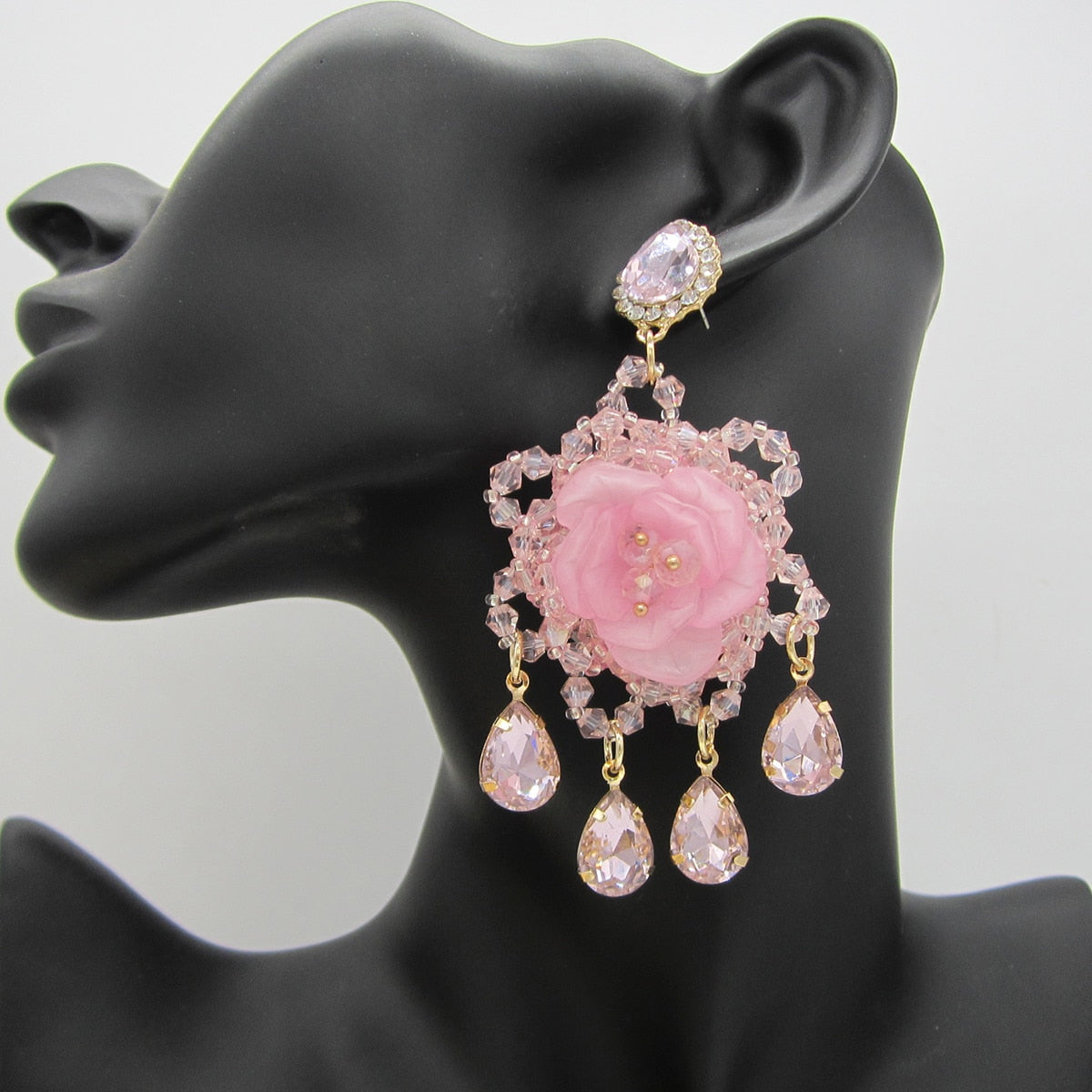 Statement Handmade Crystal Flower Big Drop Earrings for Women