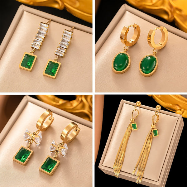 Gold Plated Senior Design Temperament Geometric Green Zirconia Long Tassel Hoop Earrings For Women