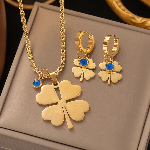 316l Stainless Steel Earrings Four-leaf Clover Classic Blue Eyes Carved pattern Necklace Women