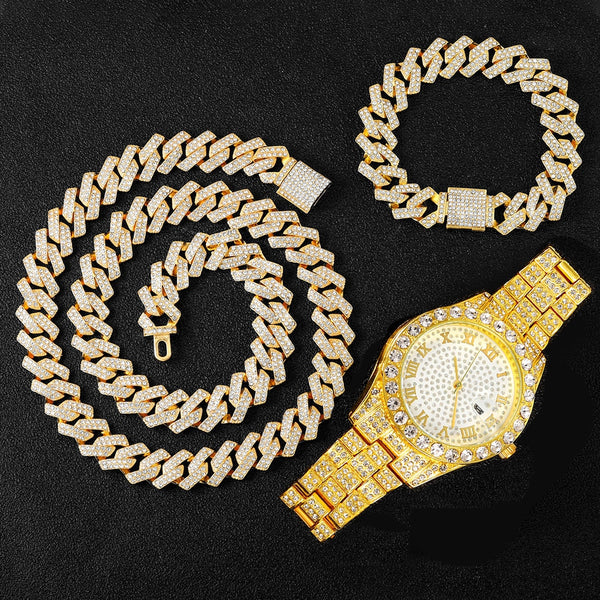 16MM Prong Necklace +Watch+Bracelet Hip Hop Prong Cuban Chain