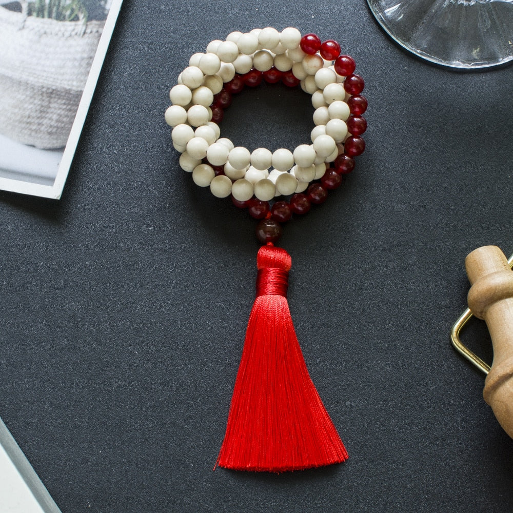 8mm White Fossil Red Agate Beaded 108 Mala Necklace