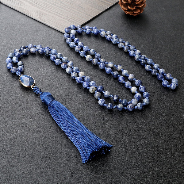 White Dot Blue-vein Sodalite Natural Stone Beads 108 Mala Necklaces