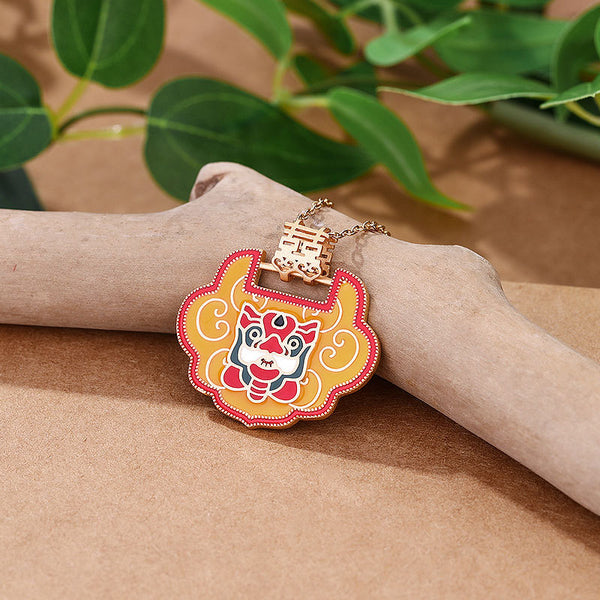 Palace style enamel lion dancing modeling golden lock pendant necklace