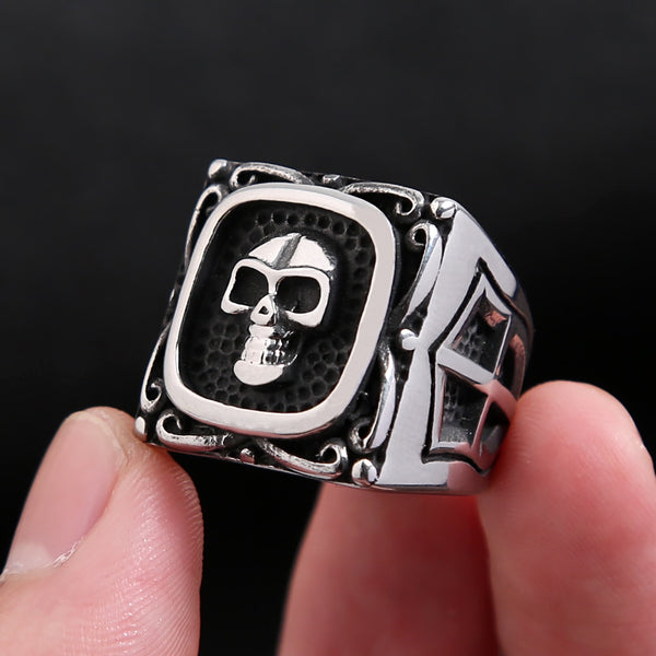 Vintage Punk Stainless Steel Skull Rings For Men Gothic Punk Cross Shield Ring