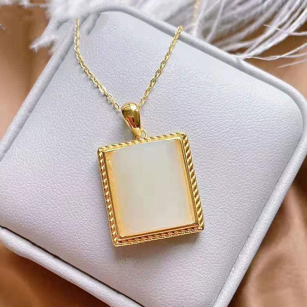 silver inlaid natural Hetian white jade pulp Pendant Necklace