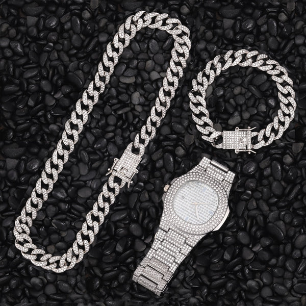 1 Kit Necklace+Watch+Bracelet Hip Hop Rapper Cuban Chain