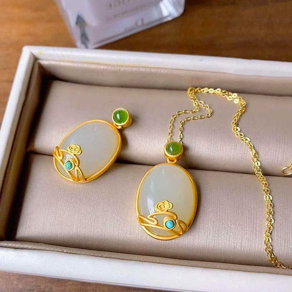 Inspired by natural Hetian white jade oval pendant necklace