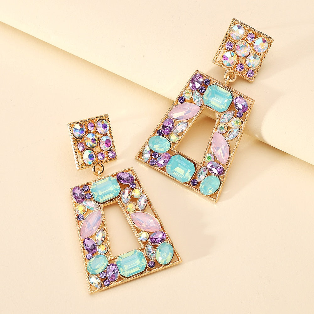 Fashion Metal Hollow Crystal Geometric Dangle Earrings For Women