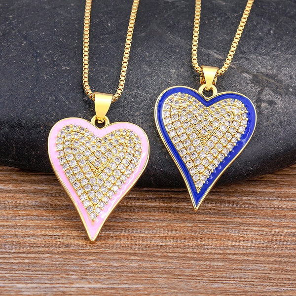 Luxury Enamel 6 Colors Heart Shape Shiny Rhinestone Pendant Gold Necklace Women