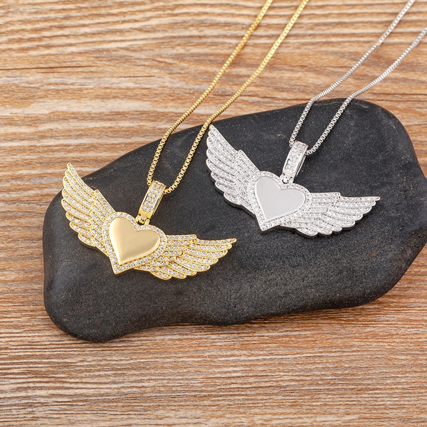 Heart Wing Necklaces For Women 3 Colors Gold Plated Chain Zircon Pendant