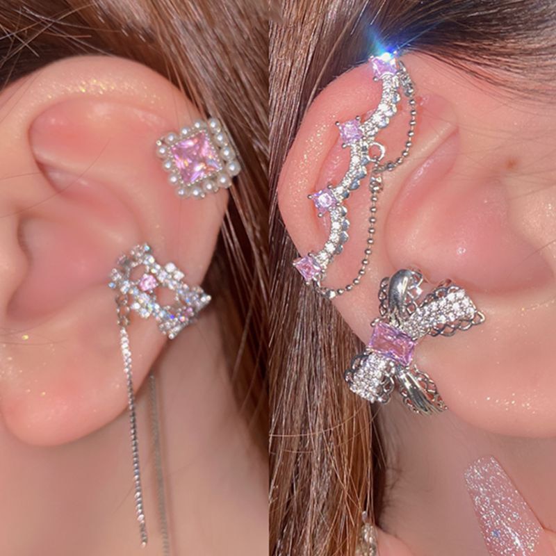 Korean Delicate Pink Crystal Bowknot Clip Earrings For Women