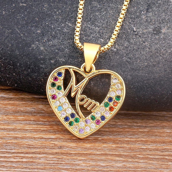 Classic Heart Shape Inlaid Mom Letter Rainbow Crystal Zircon Pendant Gold Plated Necklace Women