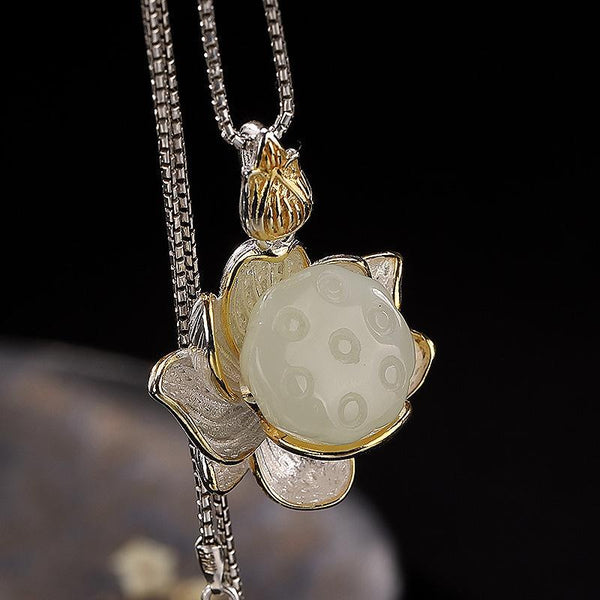 natural Hetian white chalcedony lotus noble and light luxury ladies necklace pendant