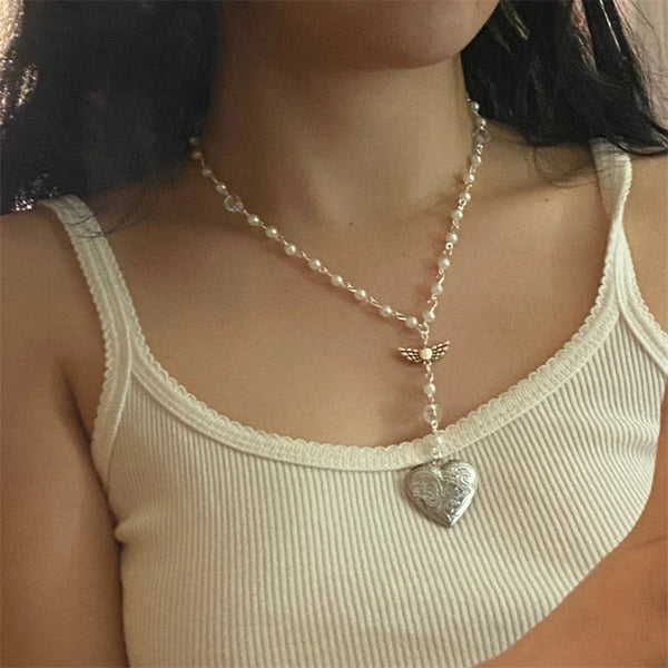 Handmade White Heart Locket Rosary Style Necklace