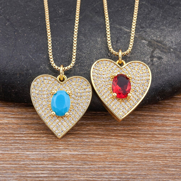 High Quality Zircon Heart Shape Inlaid Rainbow Geometric Crystal Pendant Necklace Women