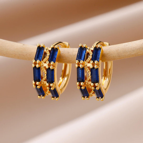 Gold Color Dark Blue Zircon Hoop Earrings For Women