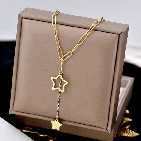 Fashion Hollow Double Stars Tassel Charms Thick Chain Choker Necklaces Pendants