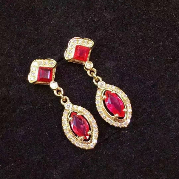 S925 silver inlaid gold-plated oval geometric ruby long women earrings