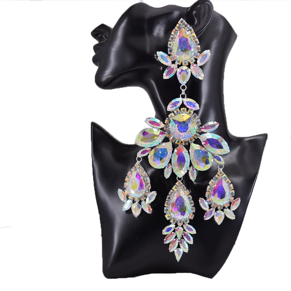 Crystal AB Earrings for Drag Queen Huge Size Drop Pendant Jewelry