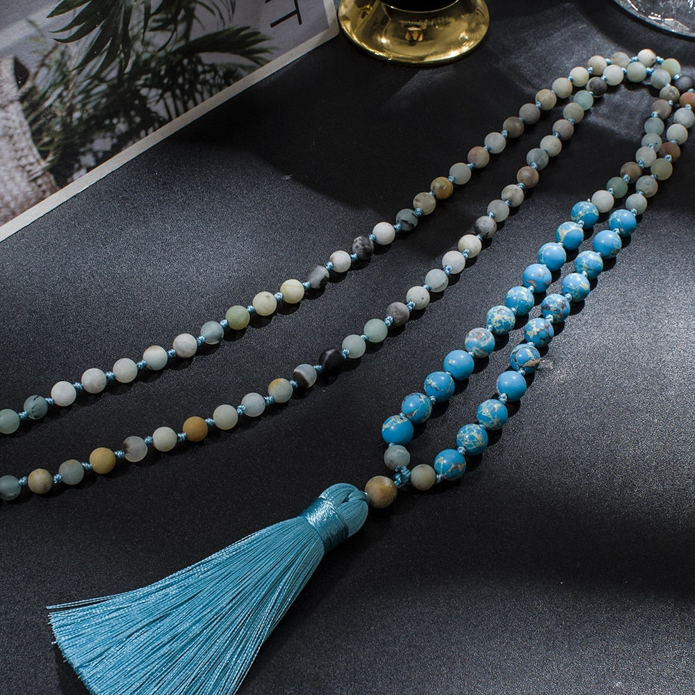 6mm Matte Amazonite with 8mm Emperor Turquoise Beaded 108 Mala Necklace