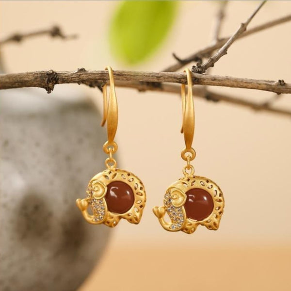 Ancient Gold Craft Inlaid Crystal Southern Red Tourmaline Small elephant Earrings