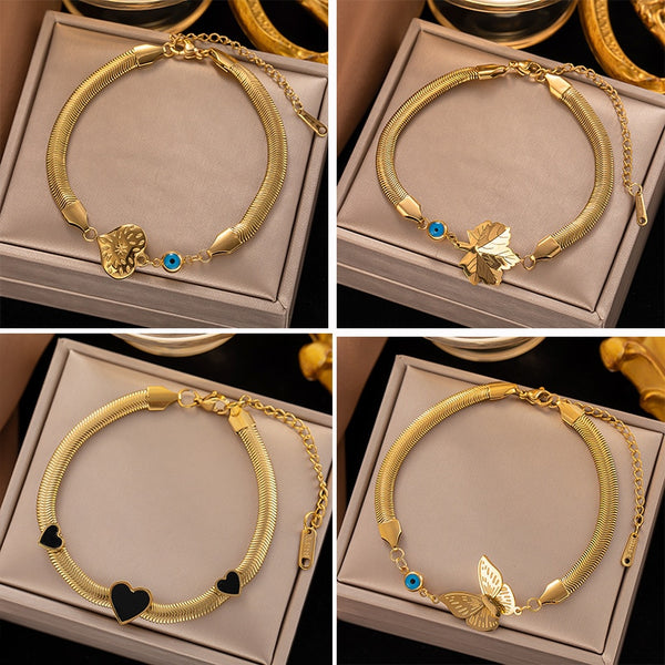 Gold Color Personality Snake Chain Heart Evil Eye Butterfly Bangle  Bracelet for Women