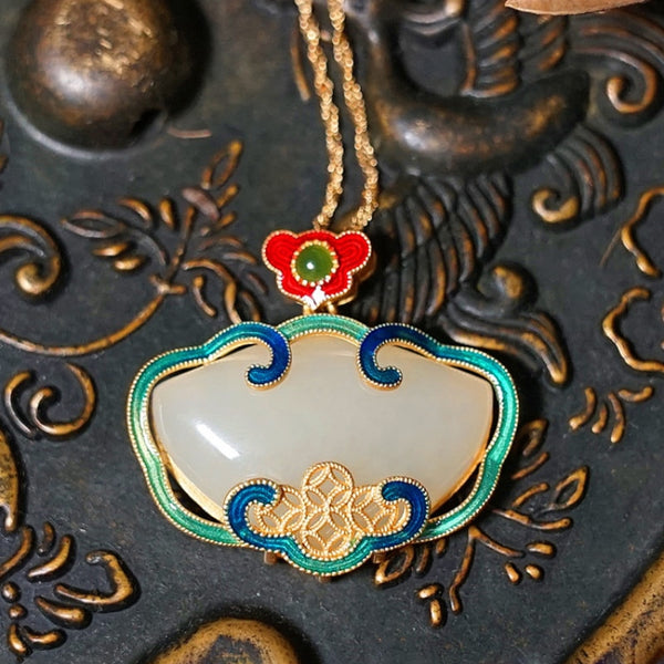 Ancient Gold Craft Natural Hotan White Jade Classic Ruyi Enamel Pendant Necklace