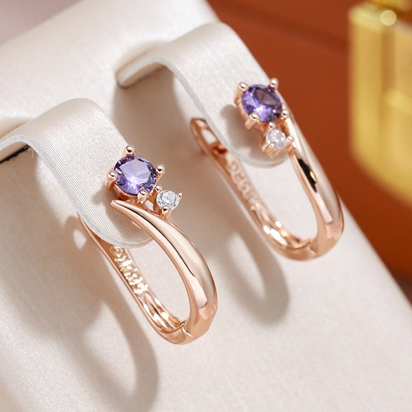 Glossy 585 Gold Color Geometric Purple Zircon Drop Earrings for Women