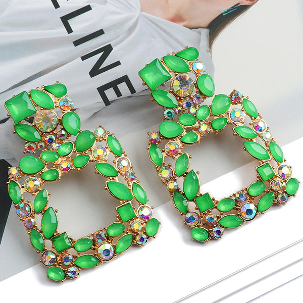 Metal Hollow Inlay Colorful Crystal Statement Earrings