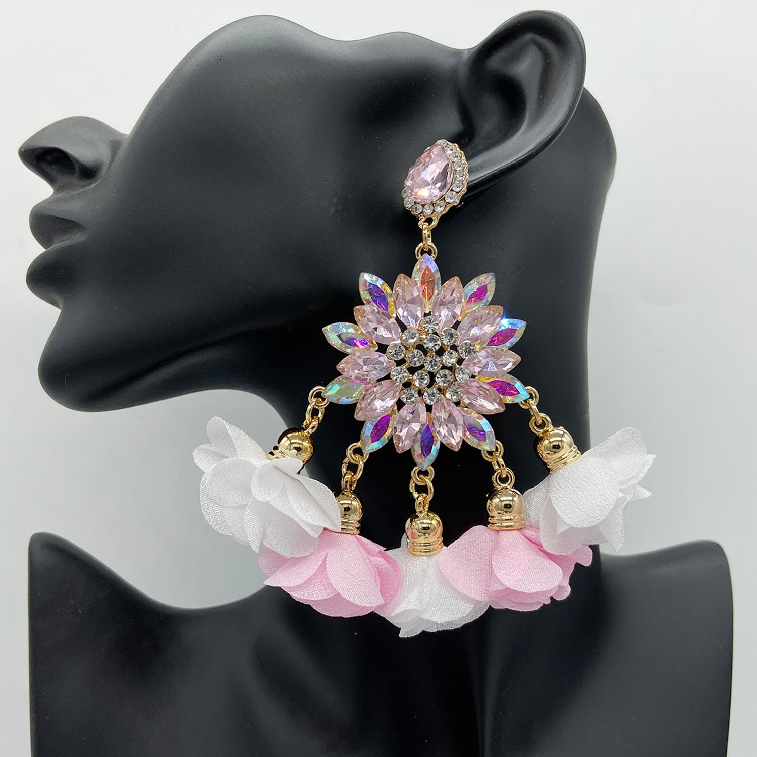 Multicolor Drop Earrings For Women Luxury Rhinestones Crystal Dangle Tassel Flower Big Earrings