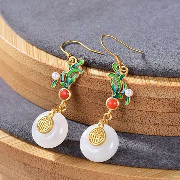 Original Design New Enamel Porcelain Round Hetian Jade Pearl Earrings