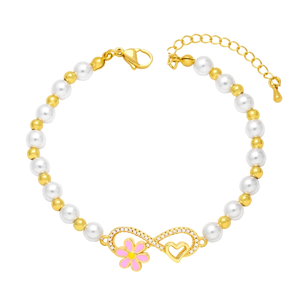 Enamel Colorful Daisy Bracelets for Women White Pearl Beads CZ Rhinestone Infinity Bracelets