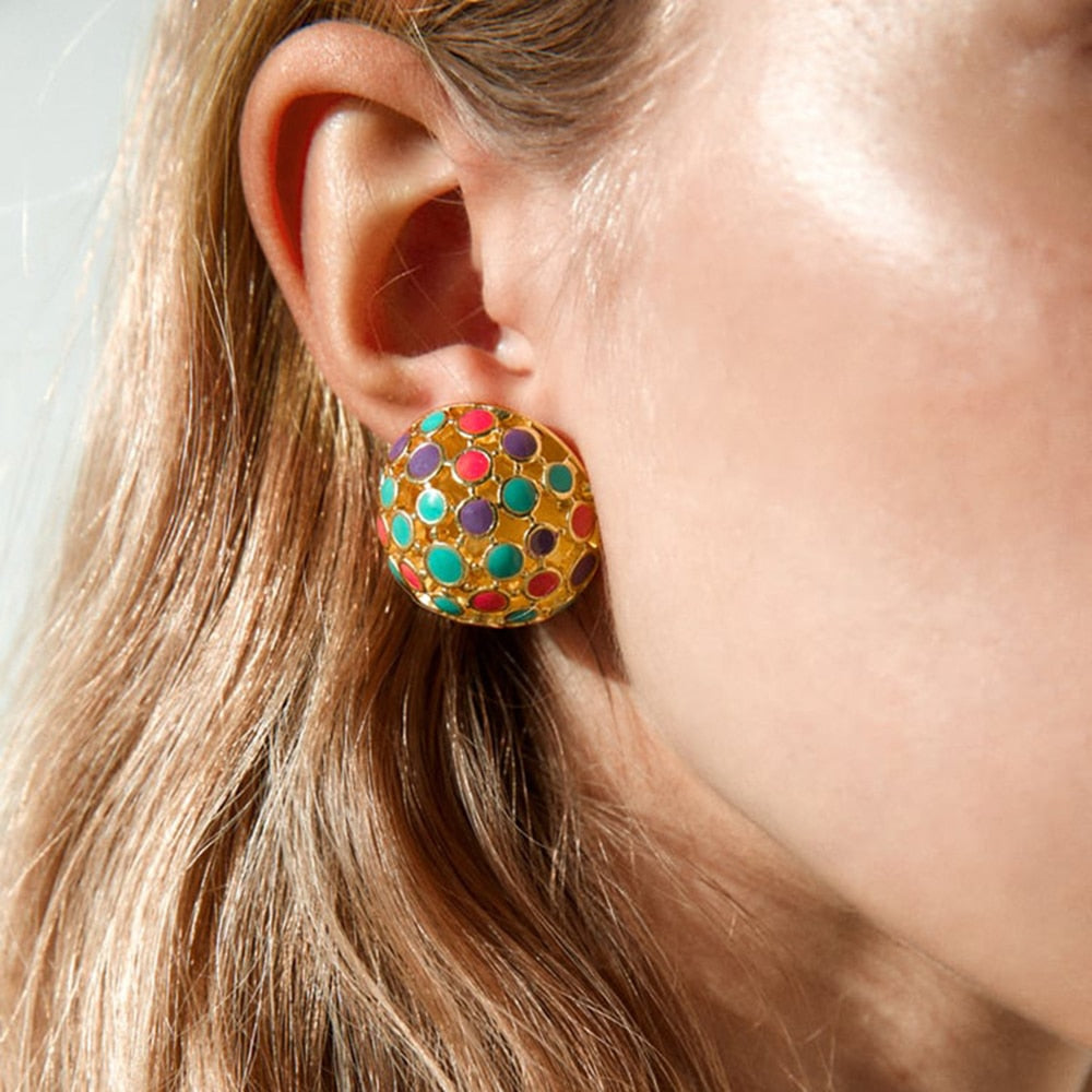 Bohemian Round Enamel Metal Stud Earrings For Women