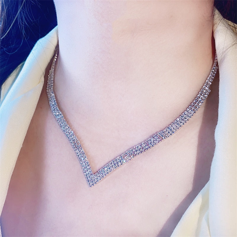 Shine Silver Gold Color Rhinestones Choker Necklaces for Women Triangle Geometric Necklaces