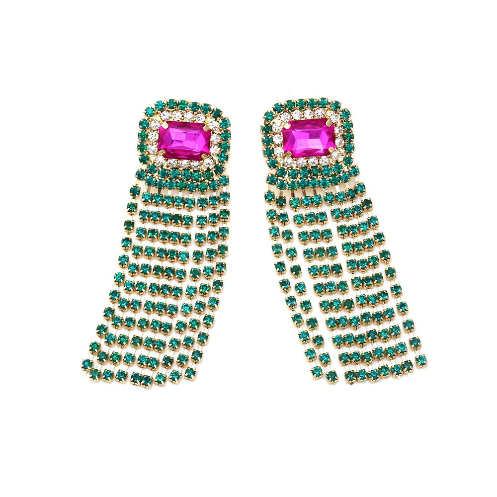 New Long Tassel Metal Green Rhinestone Earring For Women