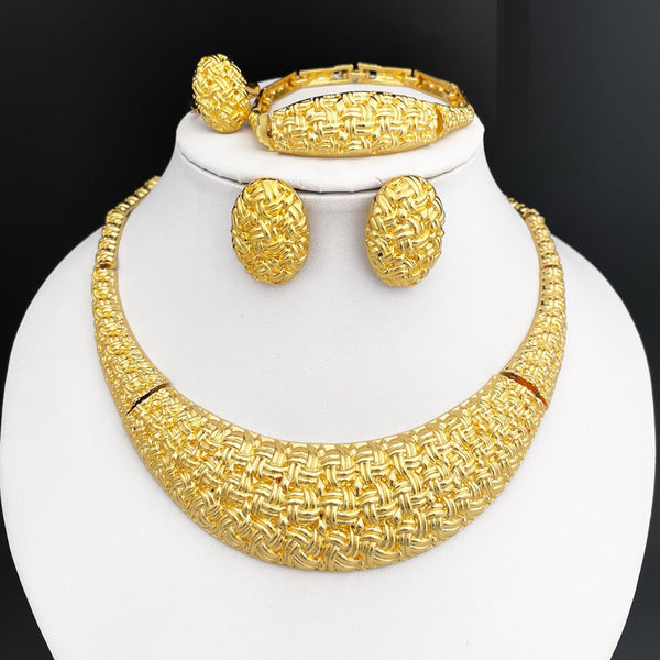 African Luxury Gold Color Jewelry Set Dubai Highend Necklace Bracelet Earrings Ring Set For Woman