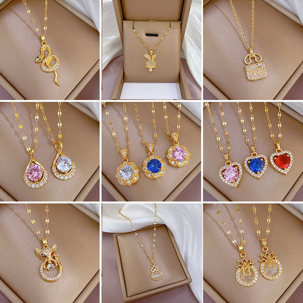 Gold Plated New Korean Fashion Zircon Crystal Heart Geometric Pendant Necklace For Women